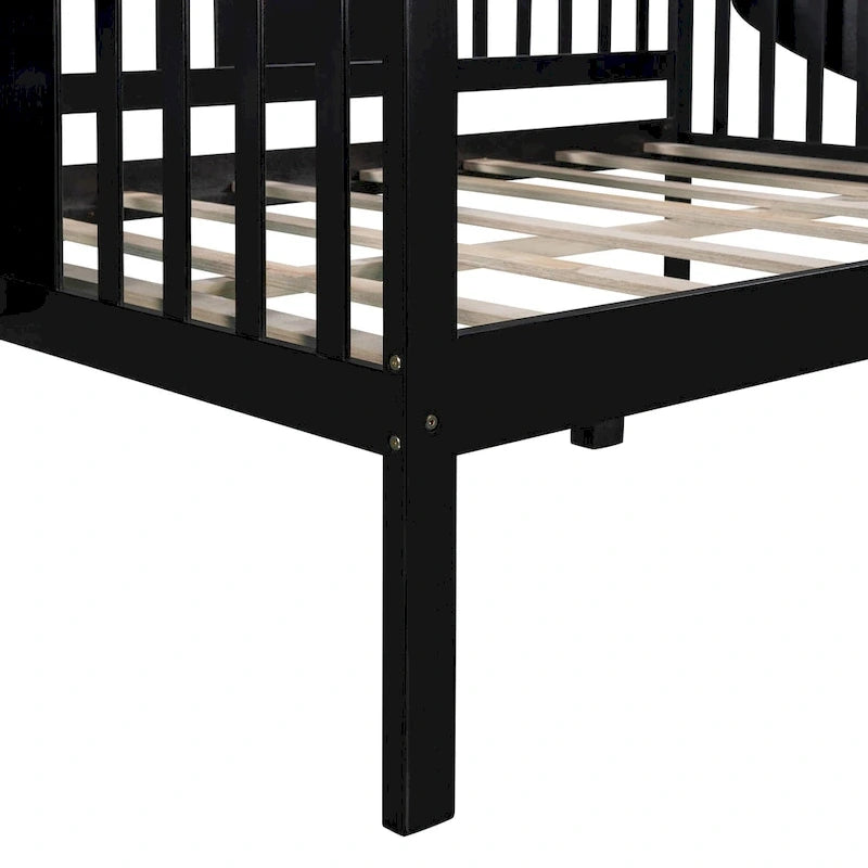Black Full Size Wooden Daybed with Storage Rack Handrail - No Box Spring Needed