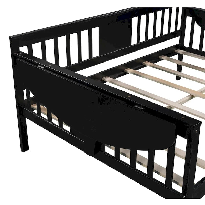 Black Full Size Wooden Daybed with Storage Rack Handrail - No Box Spring Needed