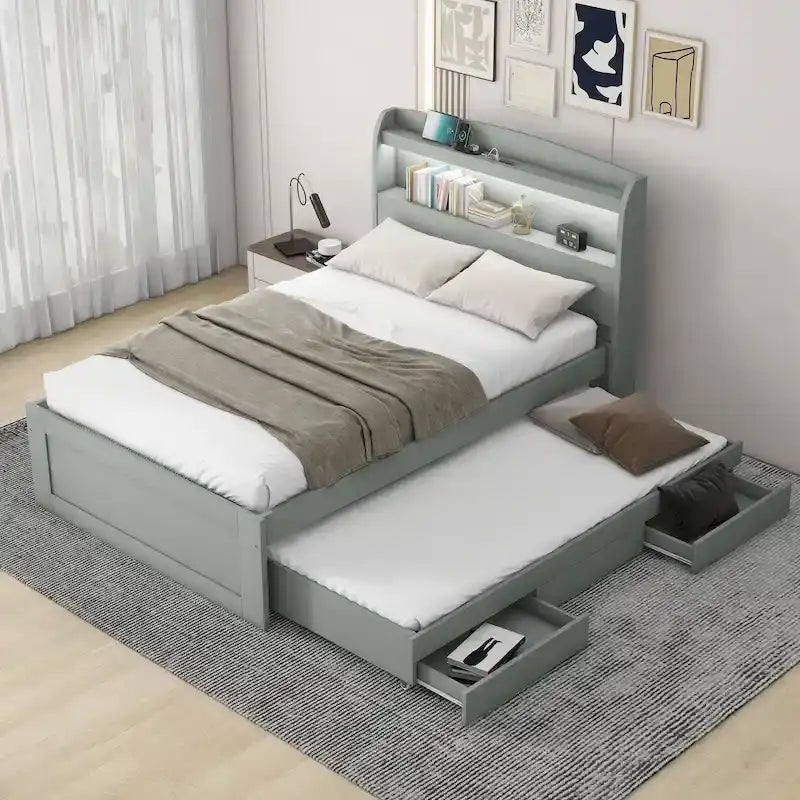 Twin XL Platform Bed with LED Headboard & Drawers