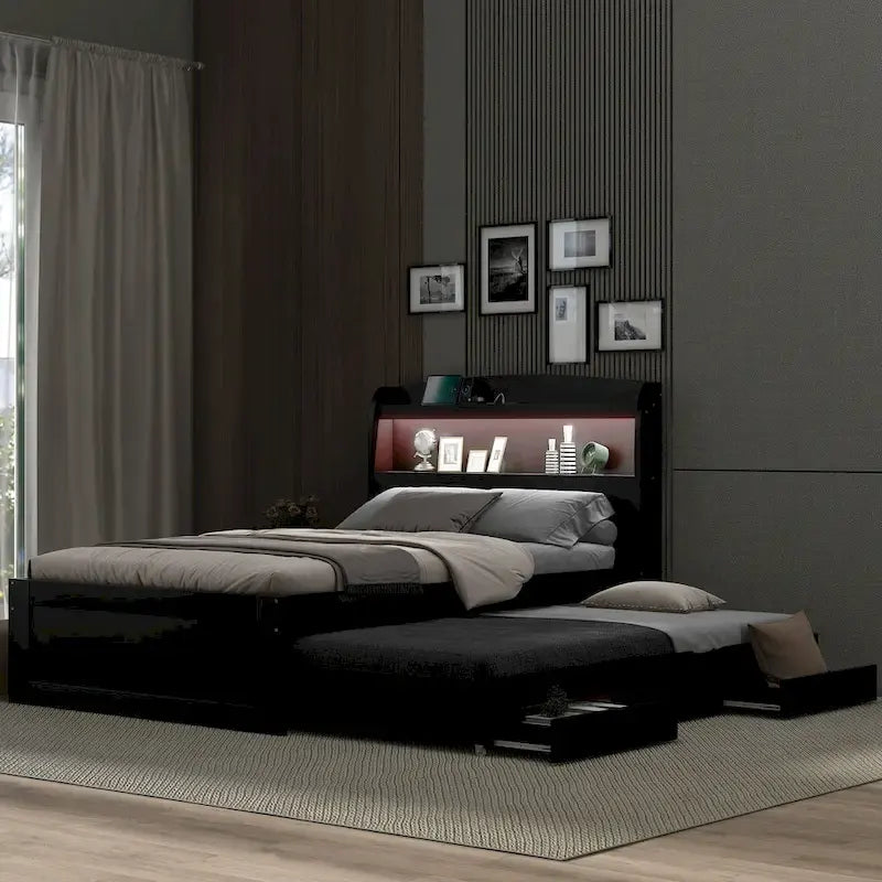 Twin XL Platform Bed with LED Headboard & Drawers