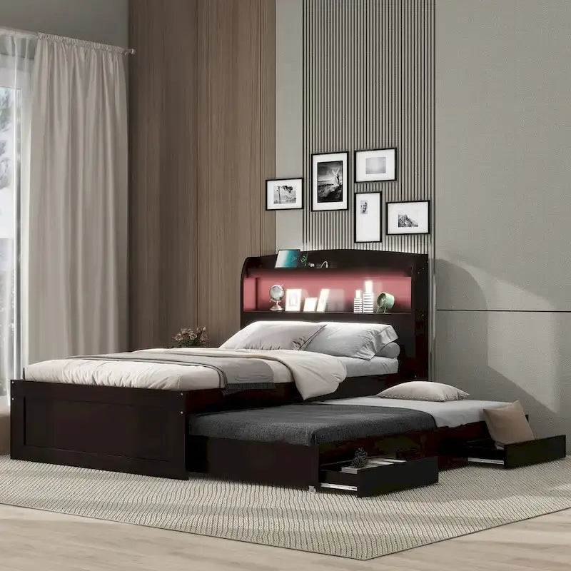 Twin XL Platform Bed with LED Headboard & Drawers