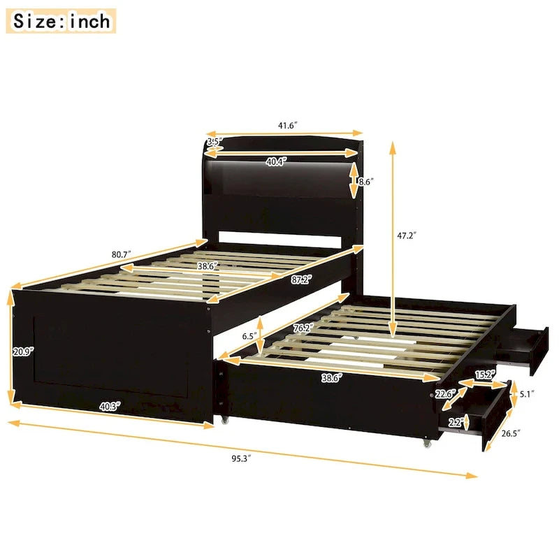 Twin XL Platform Bed with LED Headboard & Drawers