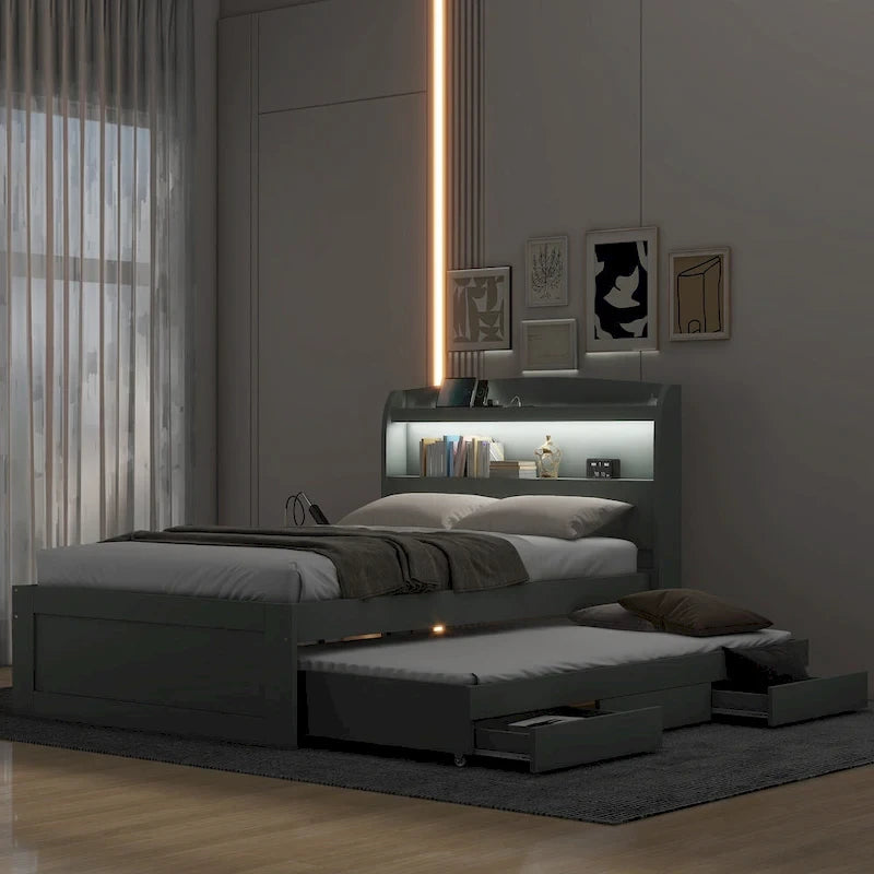 Twin XL Platform Bed with LED Headboard & Drawers
