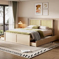 Wood Storage Platform Bed with 4 Drawers & Rattan Headboard