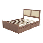 Wood Storage Platform Bed with 4 Drawers & Rattan Headboard