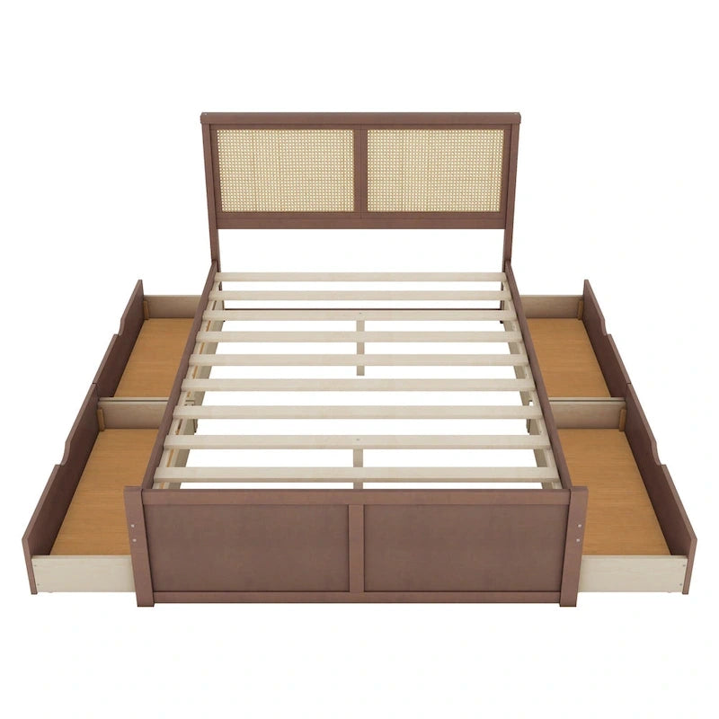 Wood Storage Platform Bed with 4 Drawers & Rattan Headboard
