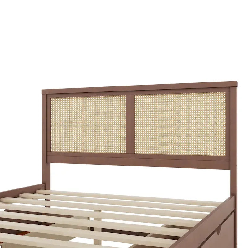 Wood Storage Platform Bed with 4 Drawers & Rattan Headboard