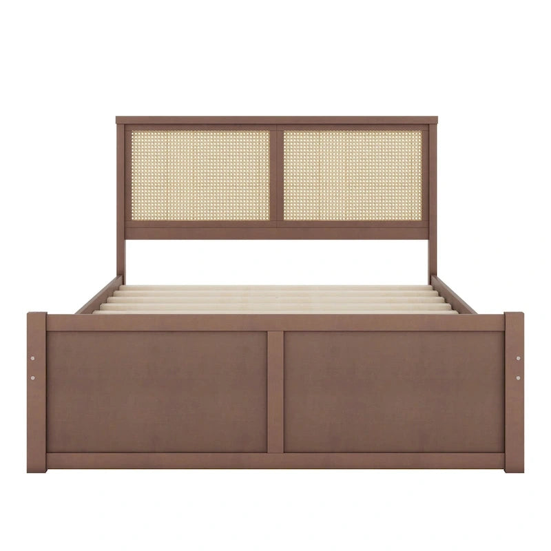 Wood Storage Platform Bed with 4 Drawers & Rattan Headboard