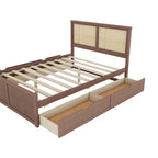 Wood Storage Platform Bed with 4 Drawers & Rattan Headboard