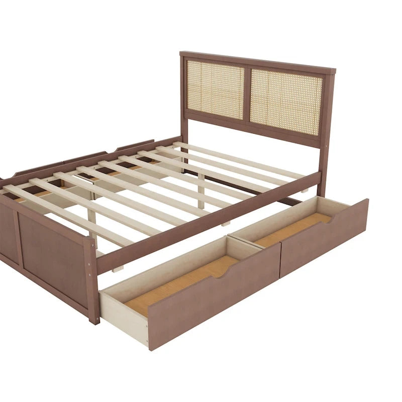 Wood Storage Platform Bed with 4 Drawers & Rattan Headboard