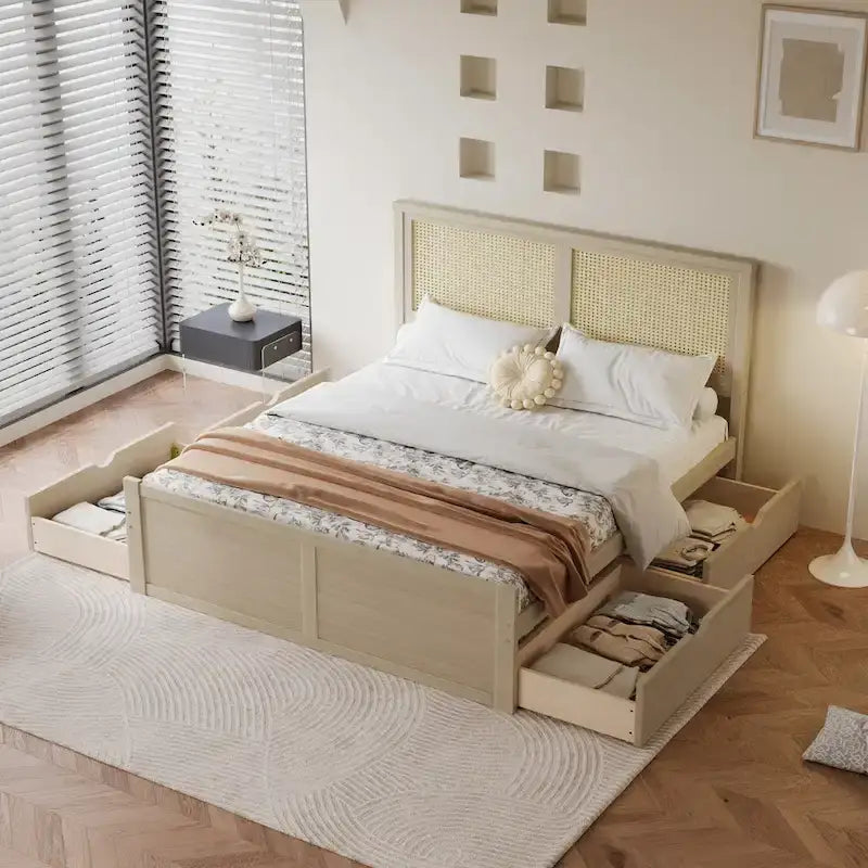 Wood Storage Platform Bed with 4 Drawers & Rattan Headboard