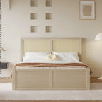 Wood Storage Platform Bed with 4 Drawers & Rattan Headboard