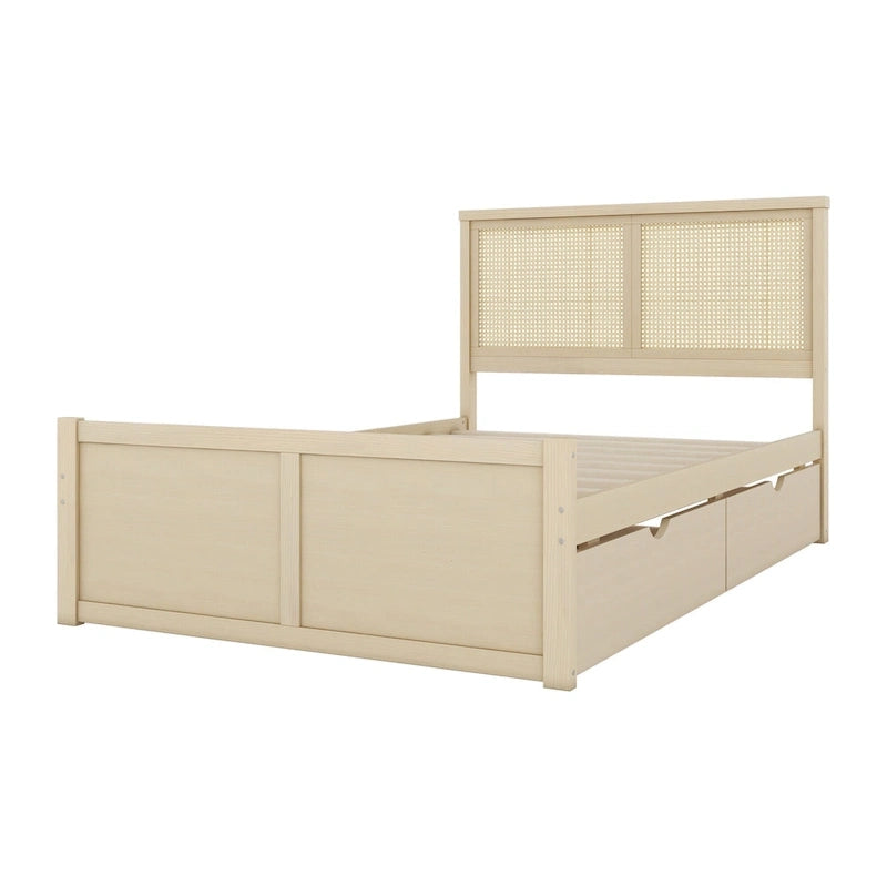 Wood Storage Platform Bed with 4 Drawers & Rattan Headboard