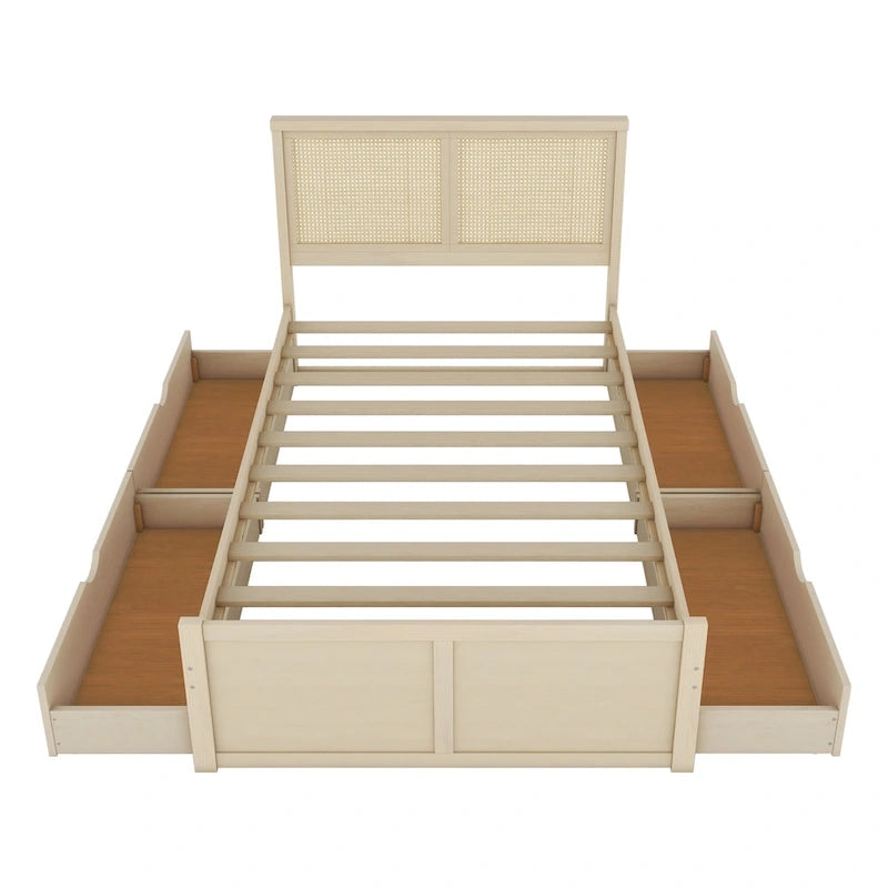 Wood Storage Platform Bed with 4 Drawers & Rattan Headboard