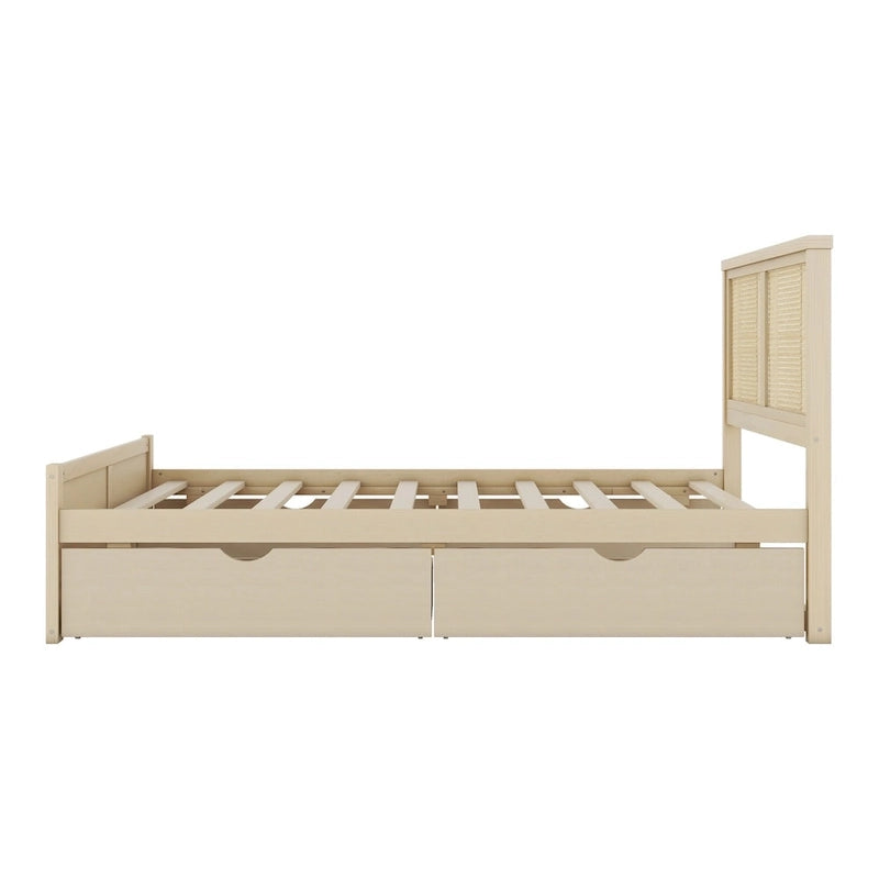 Wood Storage Platform Bed with 4 Drawers & Rattan Headboard