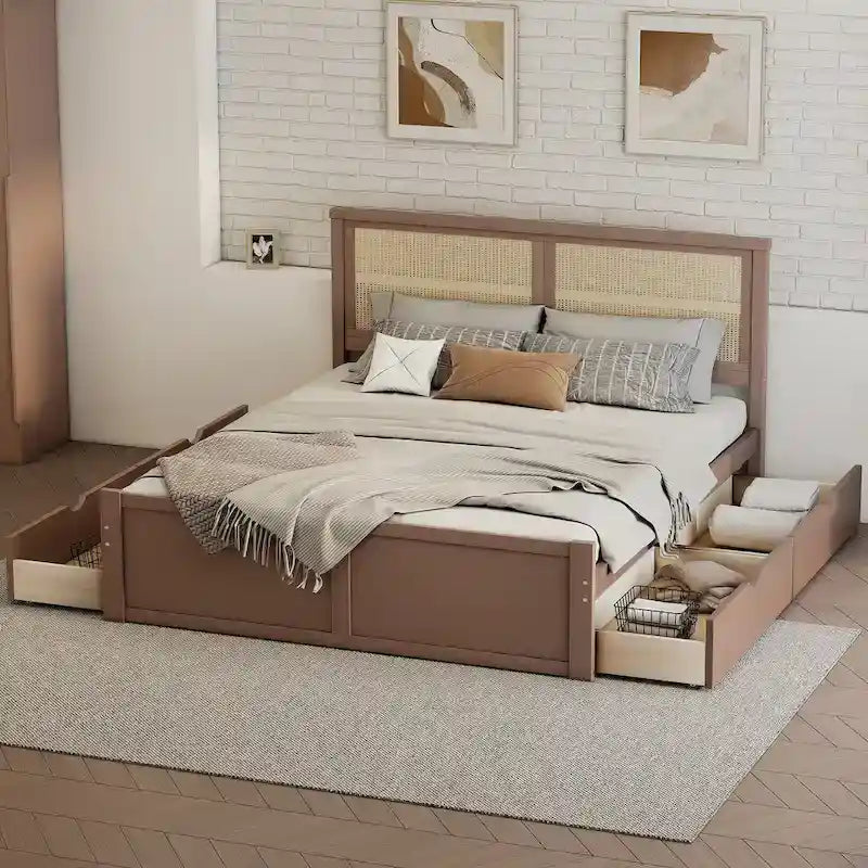 Wood Storage Platform Bed with 4 Drawers & Rattan Headboard
