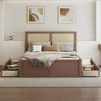 Wood Storage Platform Bed with 4 Drawers & Rattan Headboard