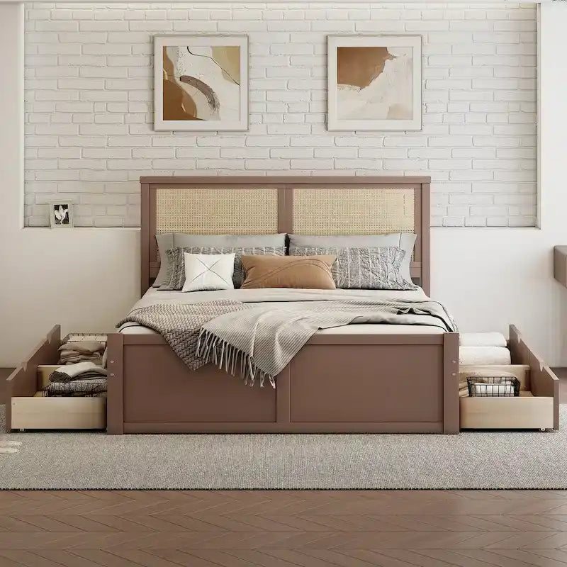 Wood Storage Platform Bed with 4 Drawers & Rattan Headboard