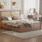 Wood Storage Platform Bed with 4 Drawers & Rattan Headboard