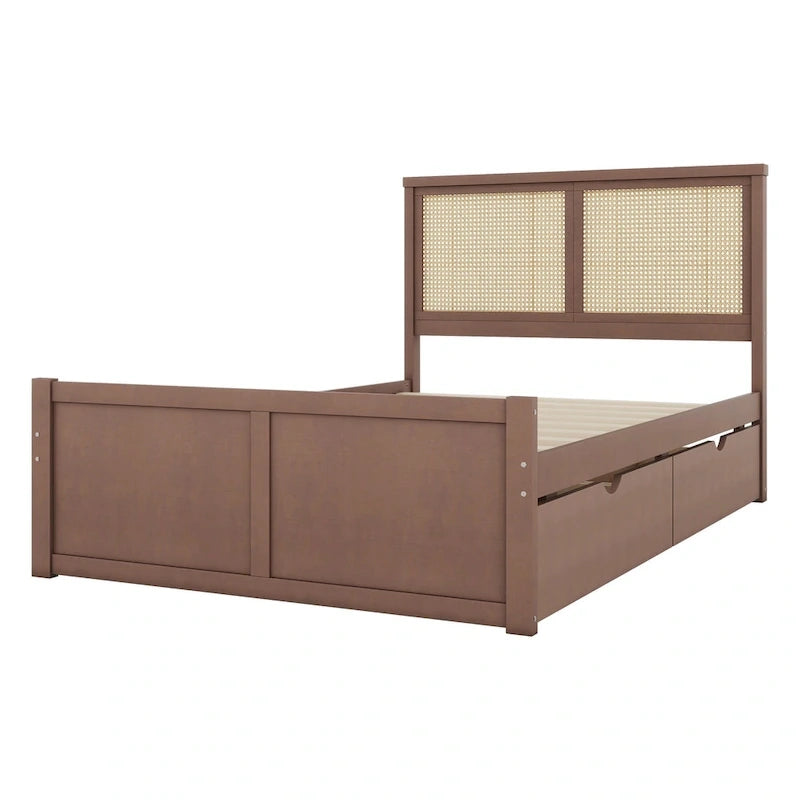 Wood Storage Platform Bed with 4 Drawers & Rattan Headboard
