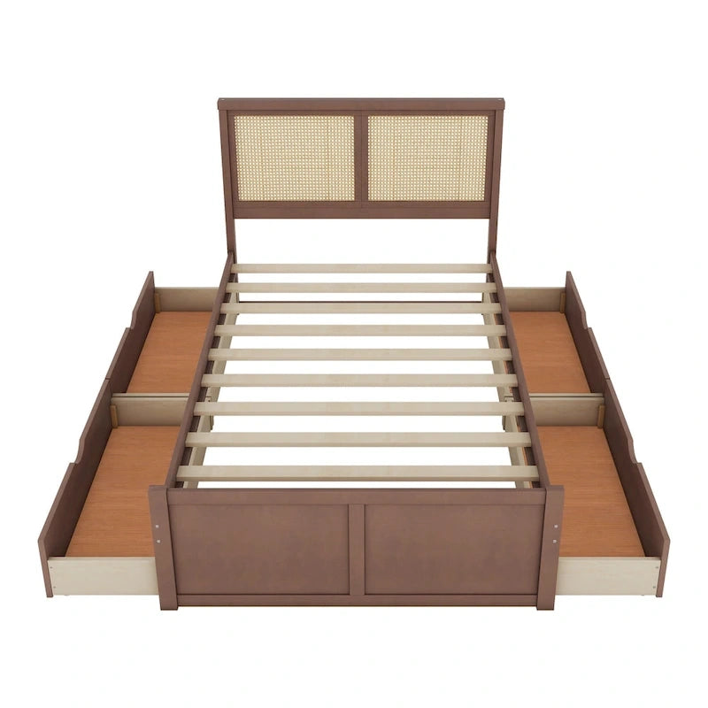 Wood Storage Platform Bed with 4 Drawers & Rattan Headboard