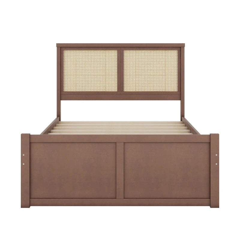 Wood Storage Platform Bed with 4 Drawers & Rattan Headboard