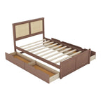 Wood Storage Platform Bed with 4 Drawers & Rattan Headboard
