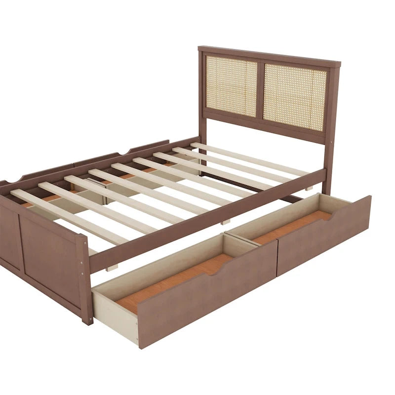 Wood Storage Platform Bed with 4 Drawers & Rattan Headboard