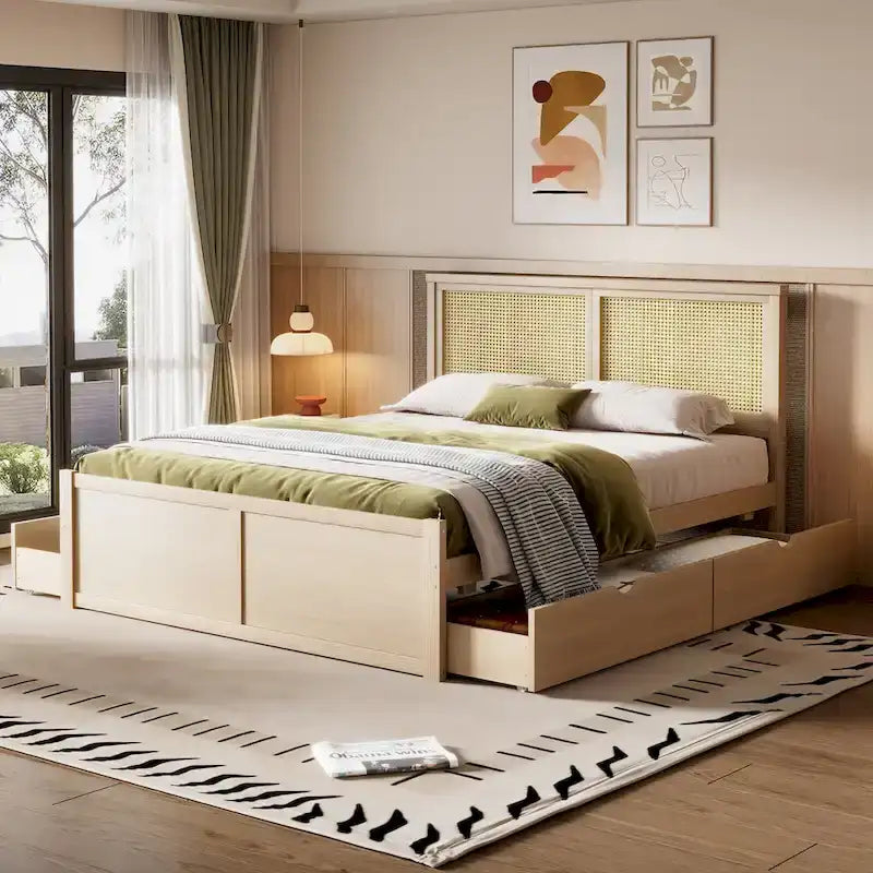 Wood Storage Platform Bed with 4 Drawers & Rattan Headboard