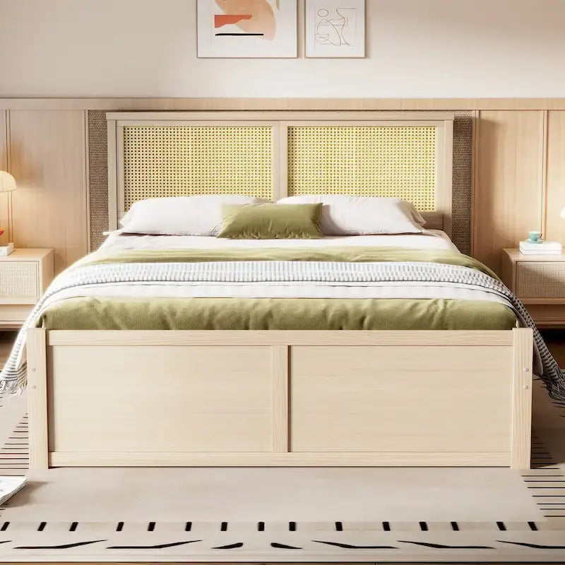Wood Storage Platform Bed with 4 Drawers & Rattan Headboard
