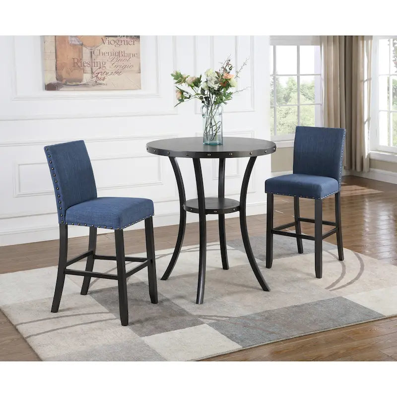 Modern Style 3-Piece Dining Set with Round Bar Table and 2 Nailhead Pub Chairs