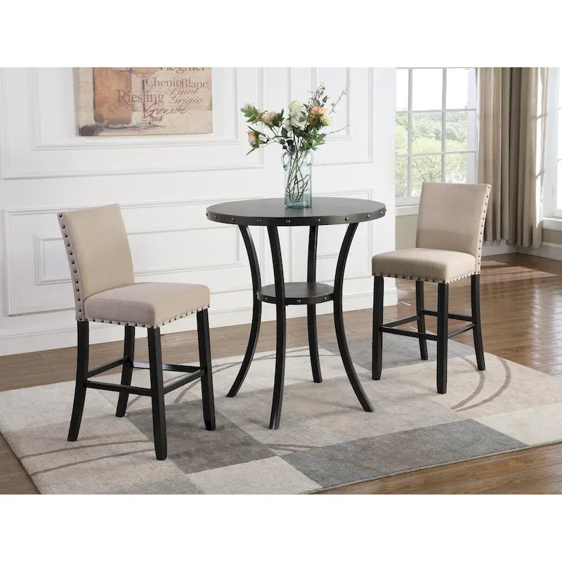 Modern Style 3-Piece Dining Set with Round Bar Table and 2 Nailhead Pub Chairs
