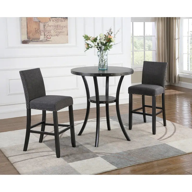 Modern Style 3-Piece Dining Set with Round Bar Table and 2 Nailhead Pub Chairs