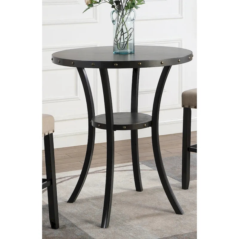 Modern Style 3-Piece Dining Set with Round Bar Table and 2 Nailhead Pub Chairs