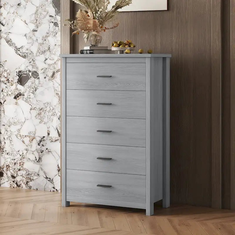 Retro Style Wooden 5-Drawer Vertical Chest with Metal Handles for Bedroom