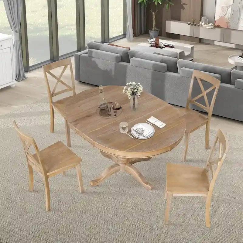 Natural Wood Wash 5-Piece Wooden Dining Table Set with Expandable Round Table & 4 Chairs