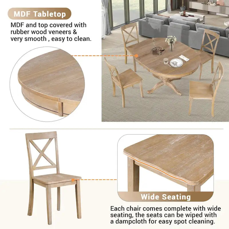 Natural Wood Wash 5-Piece Wooden Dining Table Set with Expandable Round Table & 4 Chairs
