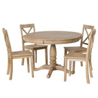 Natural Wood Wash 5-Piece Wooden Dining Table Set with Expandable Round Table & 4 Chairs