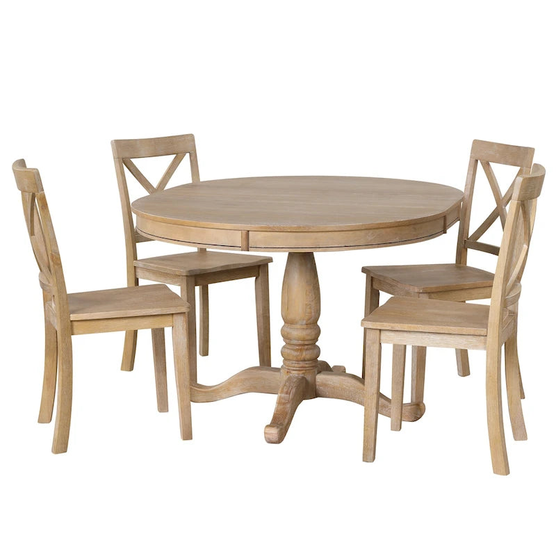 Natural Wood Wash 5-Piece Wooden Dining Table Set with Expandable Round Table & 4 Chairs