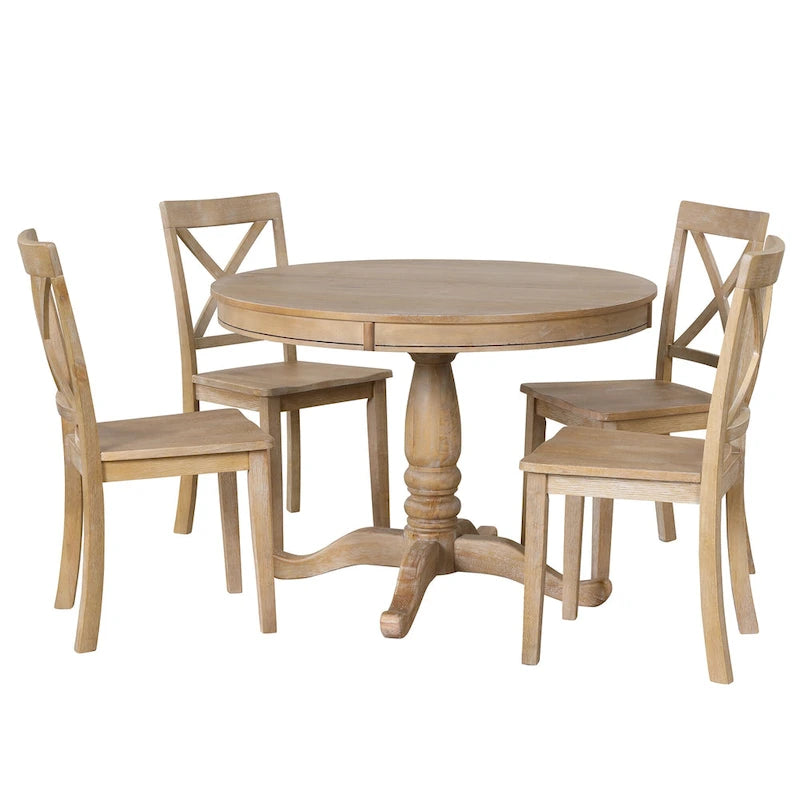 Natural Wood Wash 5-Piece Wooden Dining Table Set with Expandable Round Table & 4 Chairs