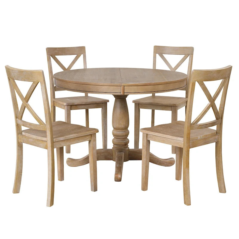 Natural Wood Wash 5-Piece Wooden Dining Table Set with Expandable Round Table & 4 Chairs
