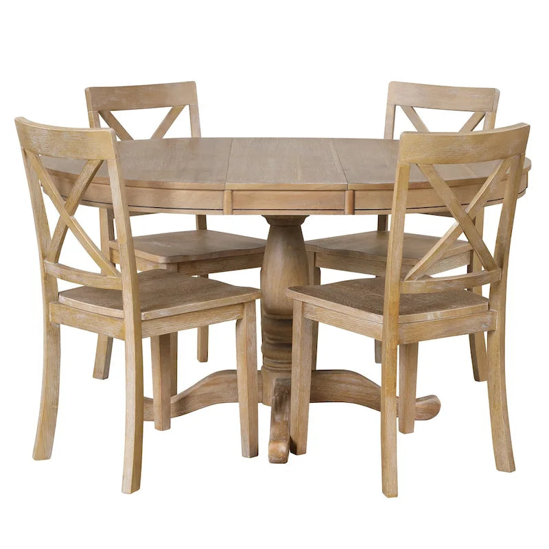 Natural Wood Wash 5-Piece Wooden Dining Table Set with Expandable Round Table & 4 Chairs