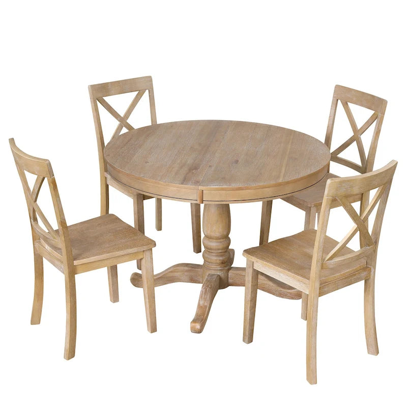 Natural Wood Wash 5-Piece Wooden Dining Table Set with Expandable Round Table & 4 Chairs