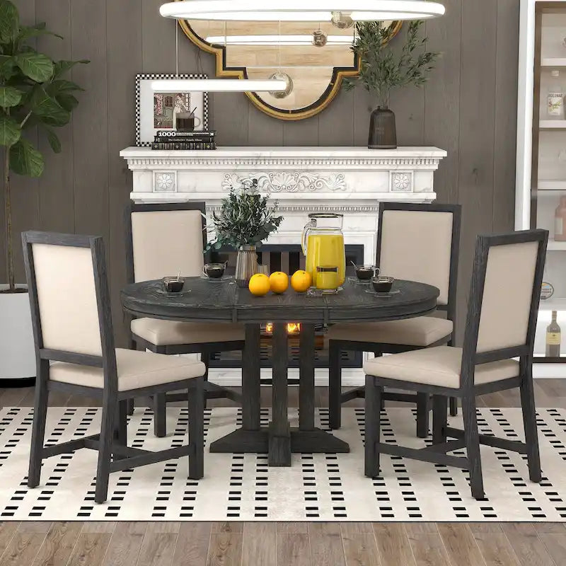 Black 5-Piece Wooden Dining Table Set with Extendable Round Table & 4 Chairs