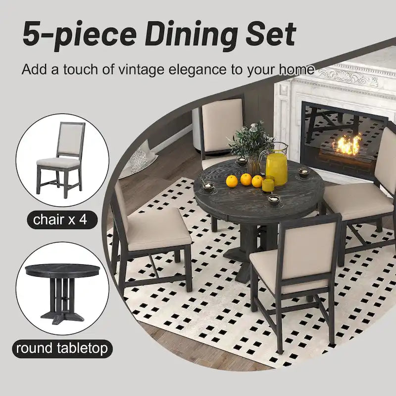Black 5-Piece Wooden Dining Table Set with Extendable Round Table & 4 Chairs