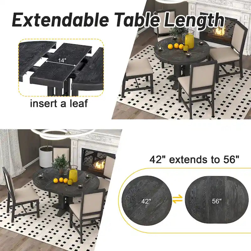 Black 5-Piece Wooden Dining Table Set with Extendable Round Table & 4 Chairs
