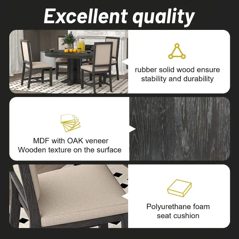 Black 5-Piece Wooden Dining Table Set with Extendable Round Table & 4 Chairs