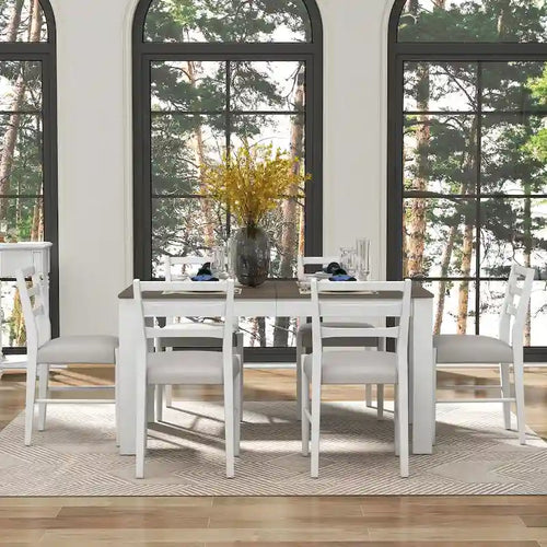 7-Piece Wooden Dining Table Set with 6 Chairs & Extendable Table