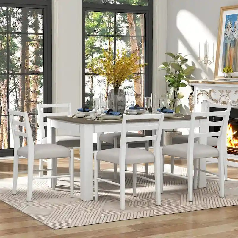 7-Piece Wooden Dining Table Set with 6 Chairs & Extendable Table