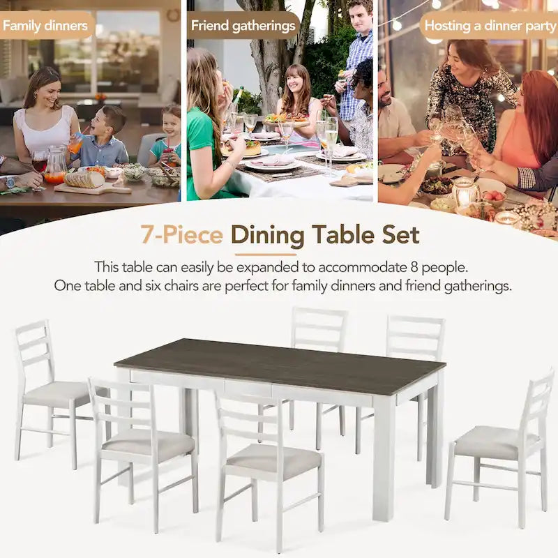 7-Piece Wooden Dining Table Set with 6 Chairs & Extendable Table